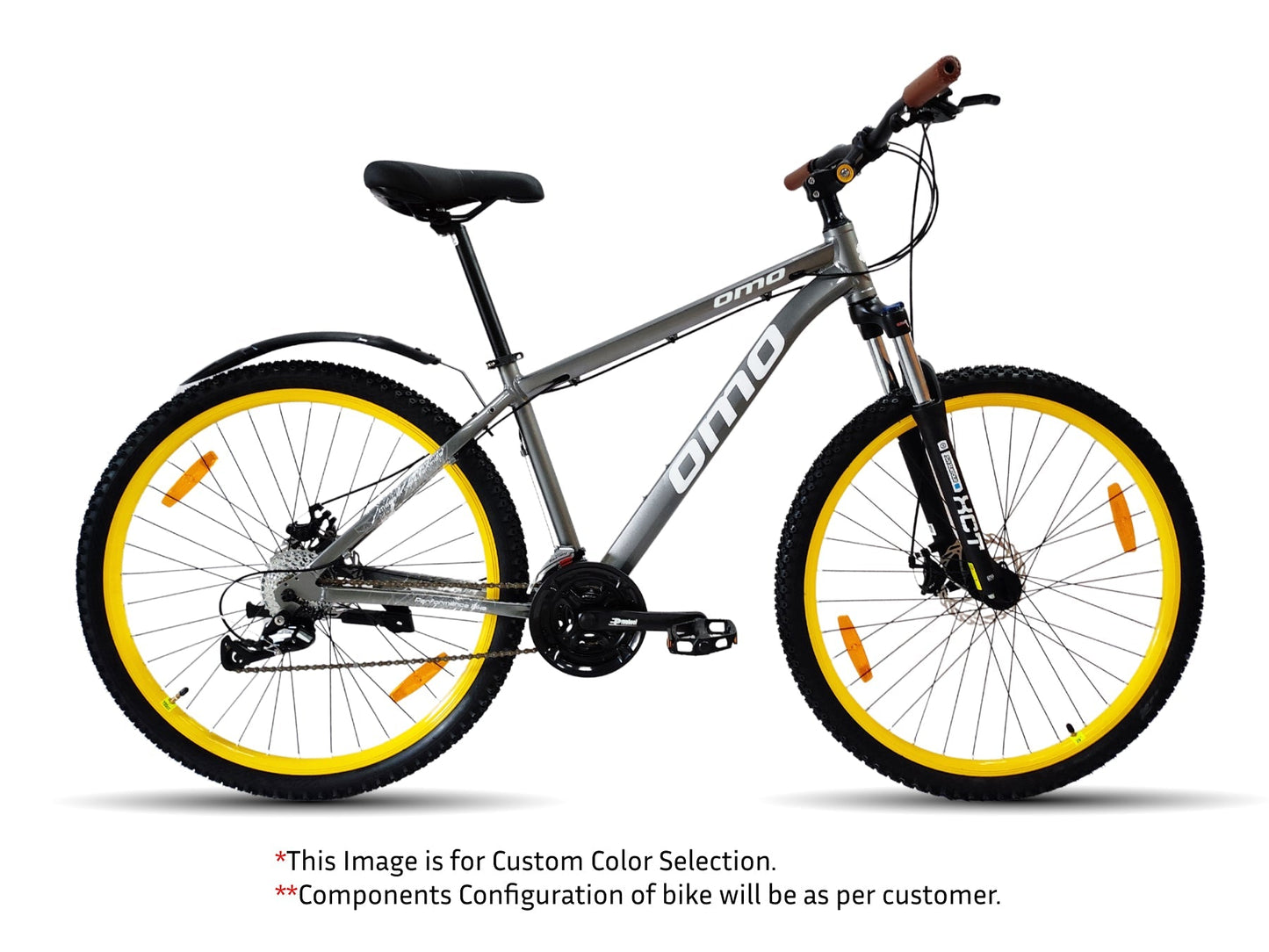 Zozila prime 8 and 24 gear mountain mtb bike under 20000 with lockout suspension and disc brake grey colour yellow wheel by omobikes