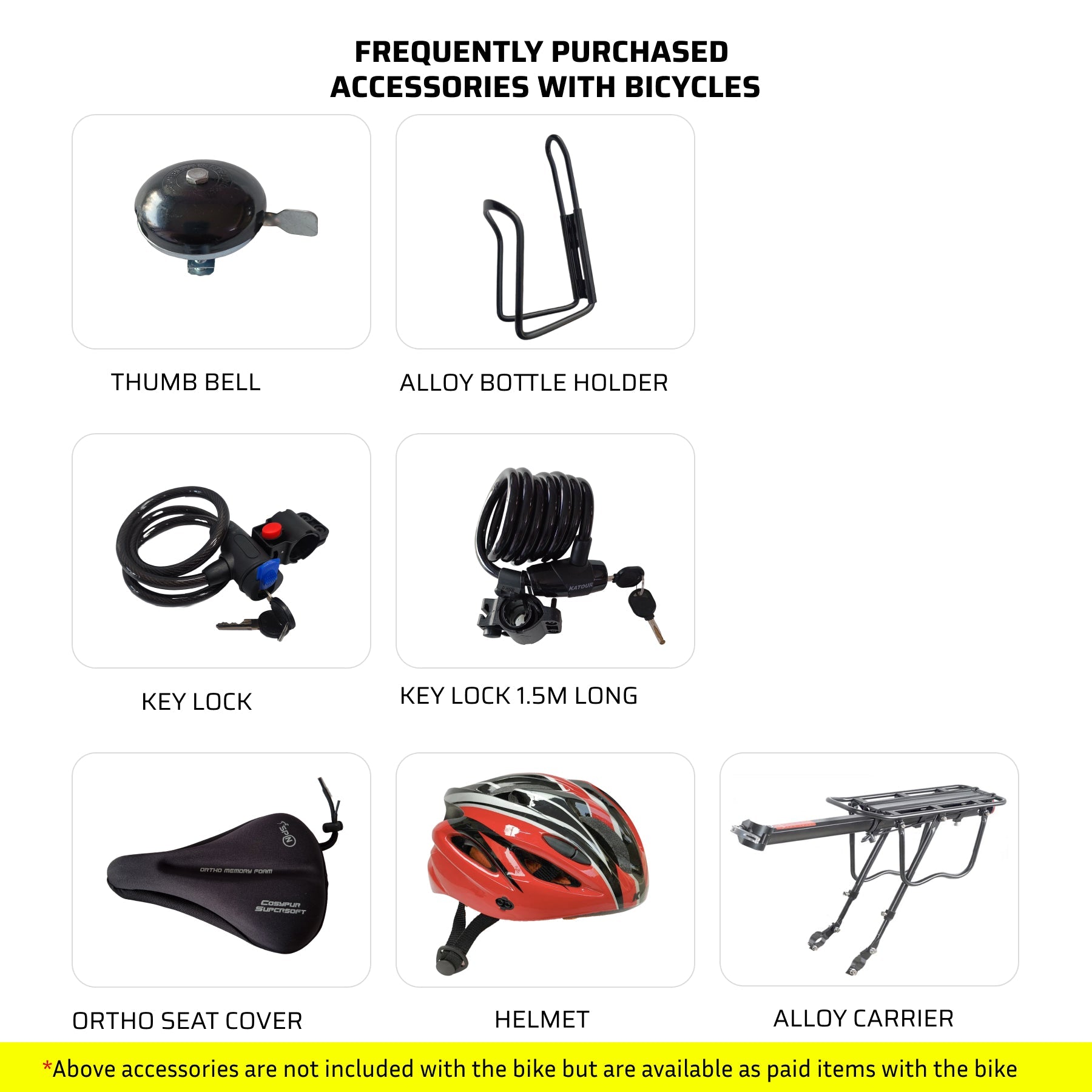 Bicycle accessories lock, helmet, seat cover available at omobikes at best price for alloy hybrid