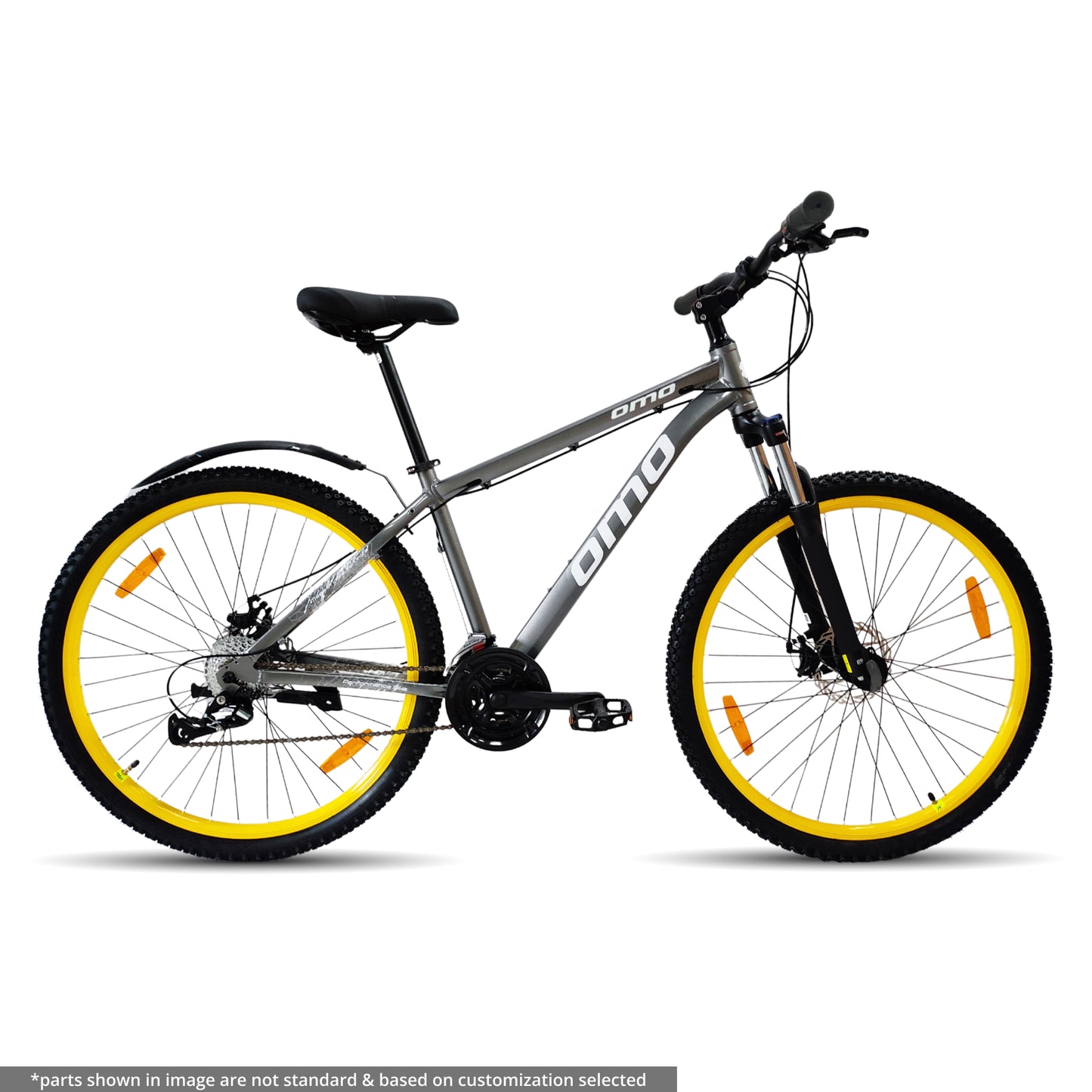 Alloy Hybrid with lockout suspension under 20000 side view grey color with yellow wheel by omobikes