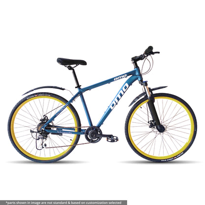 Alloy Hybrid with lockout suspension under 20000 side view blue color with yellow wheel by omobikes