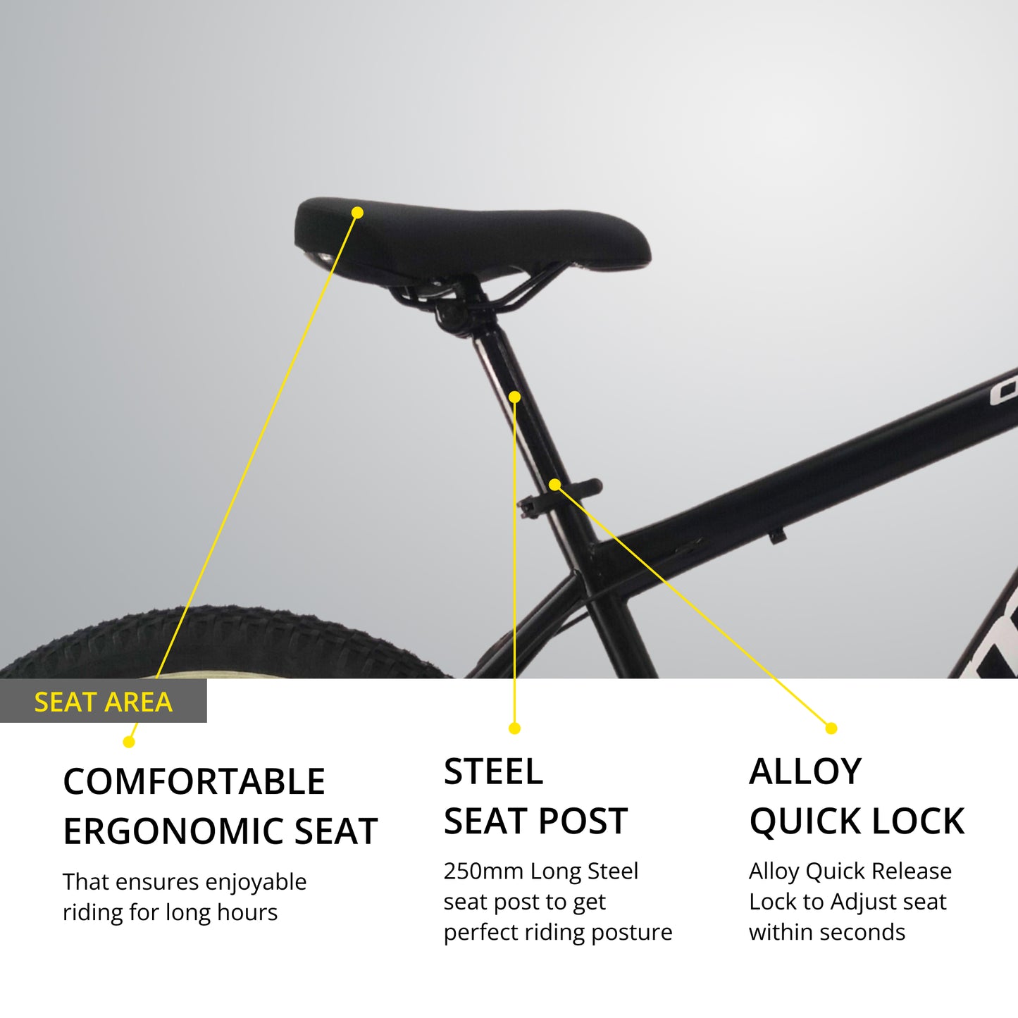 OMO bikes steel MTB bike manali shimano gear mountain bike seat view with alloy seat post adjustable and quick release lock comfortable ergonomic seat