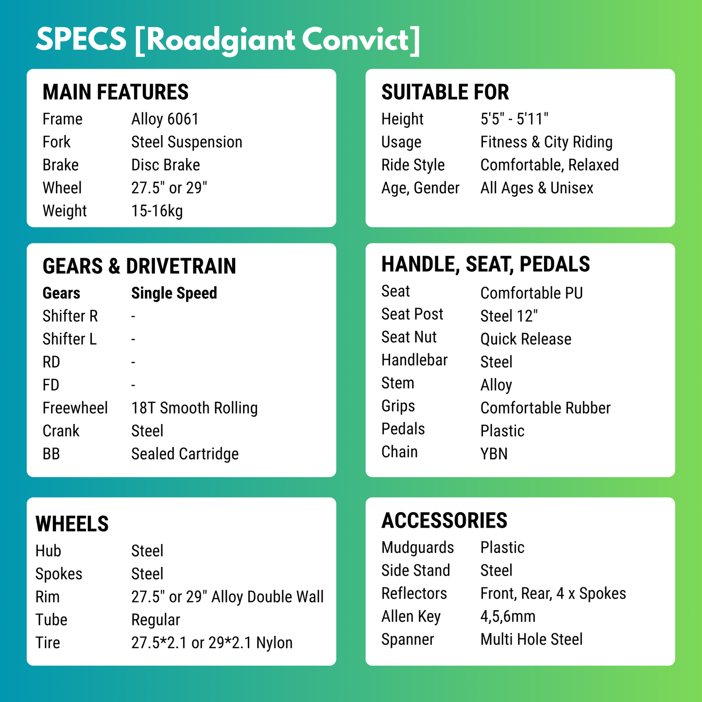 Roadgiant Convict | Single Speed | 29T MTB