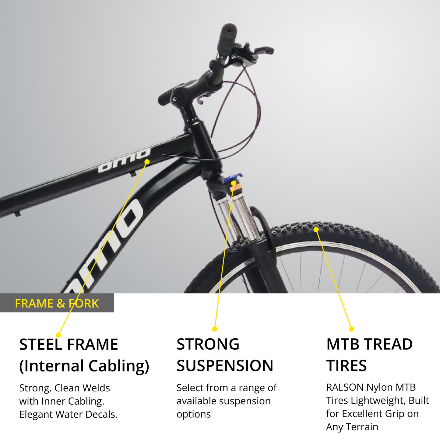 omobikes steel MTB bike shillong with strong steel frame inner cabling lockout suspension and shimano gear altus shifter