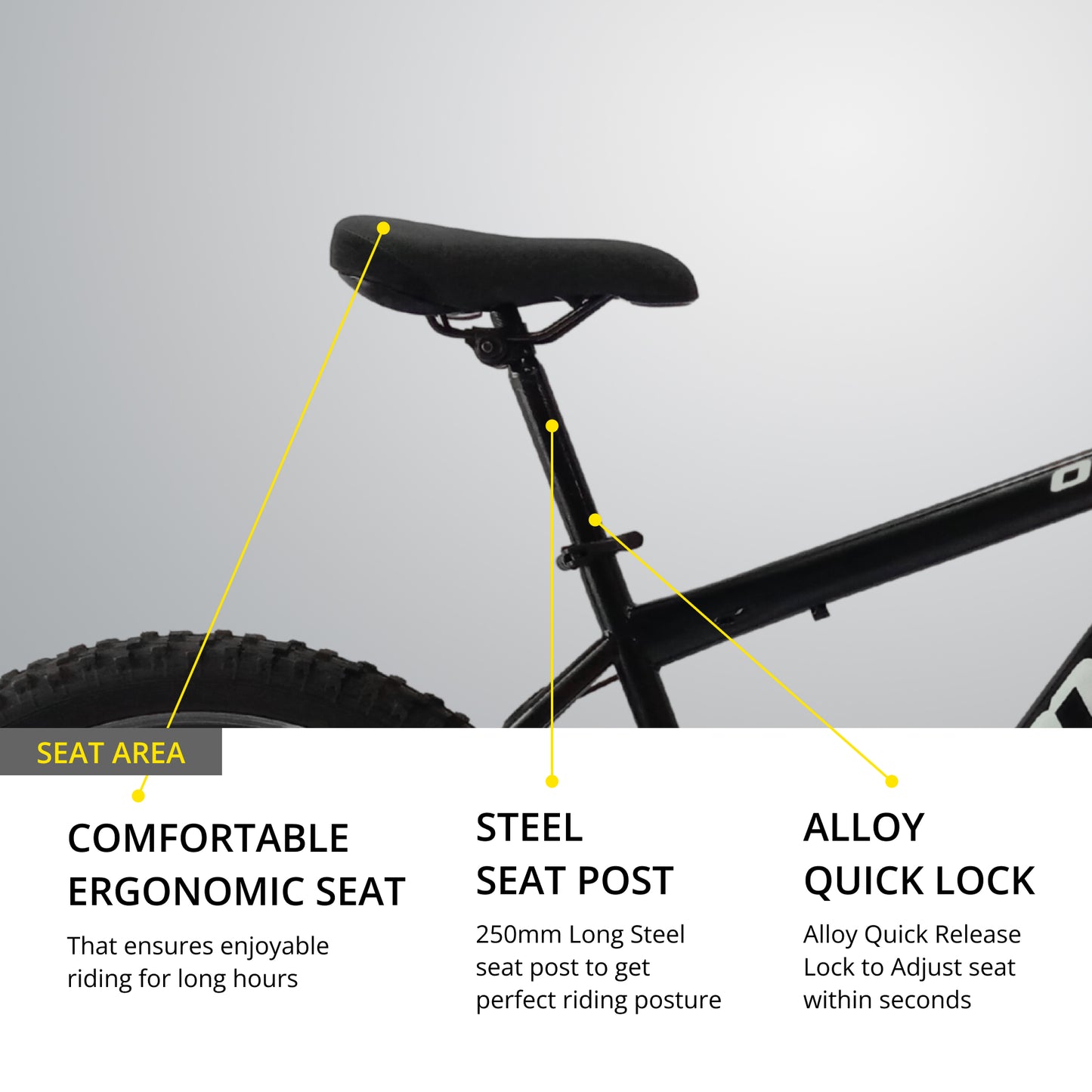 OMO bikes vagator semi FAT steel MTB bike single speed mountain bike seat view with alloy seat post adjustable and quick release lock comfortable ergonomic seat