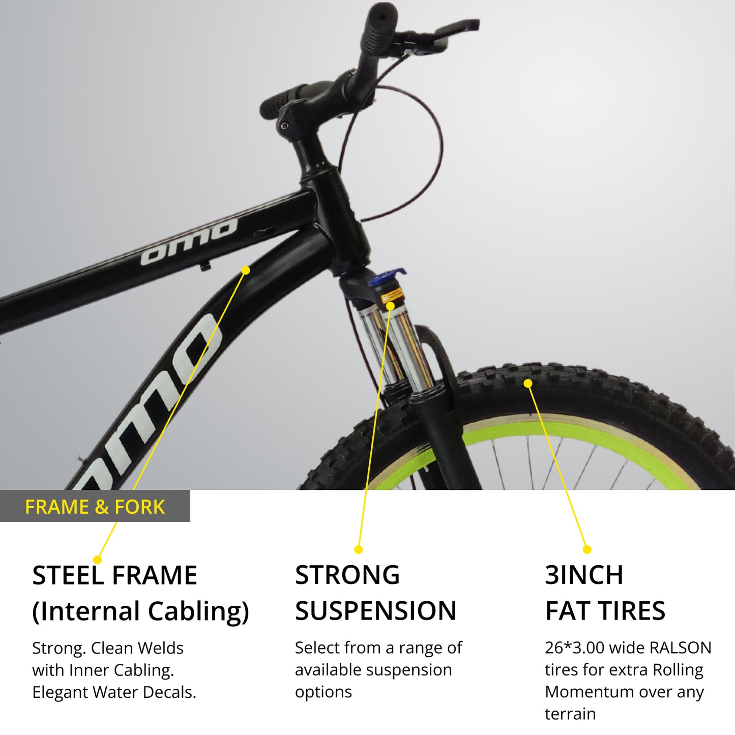 OMO bikes vagator semi FAT steel MTB bike single speed with strong steel frame inner cabling lockout suspension