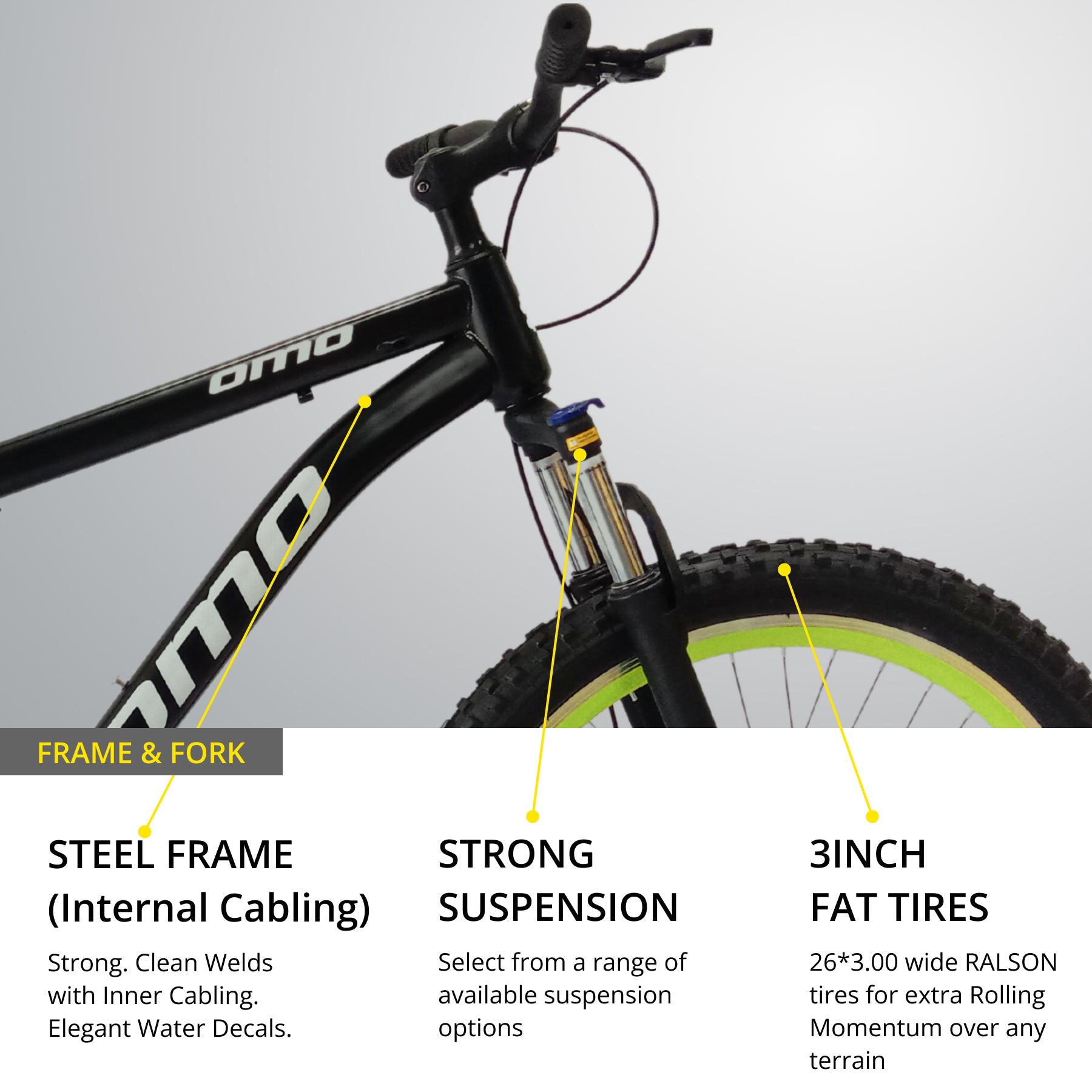 OMO bikes vagator semi FAT steel MTB bike single speed with strong steel frame inner cabling lockout suspension