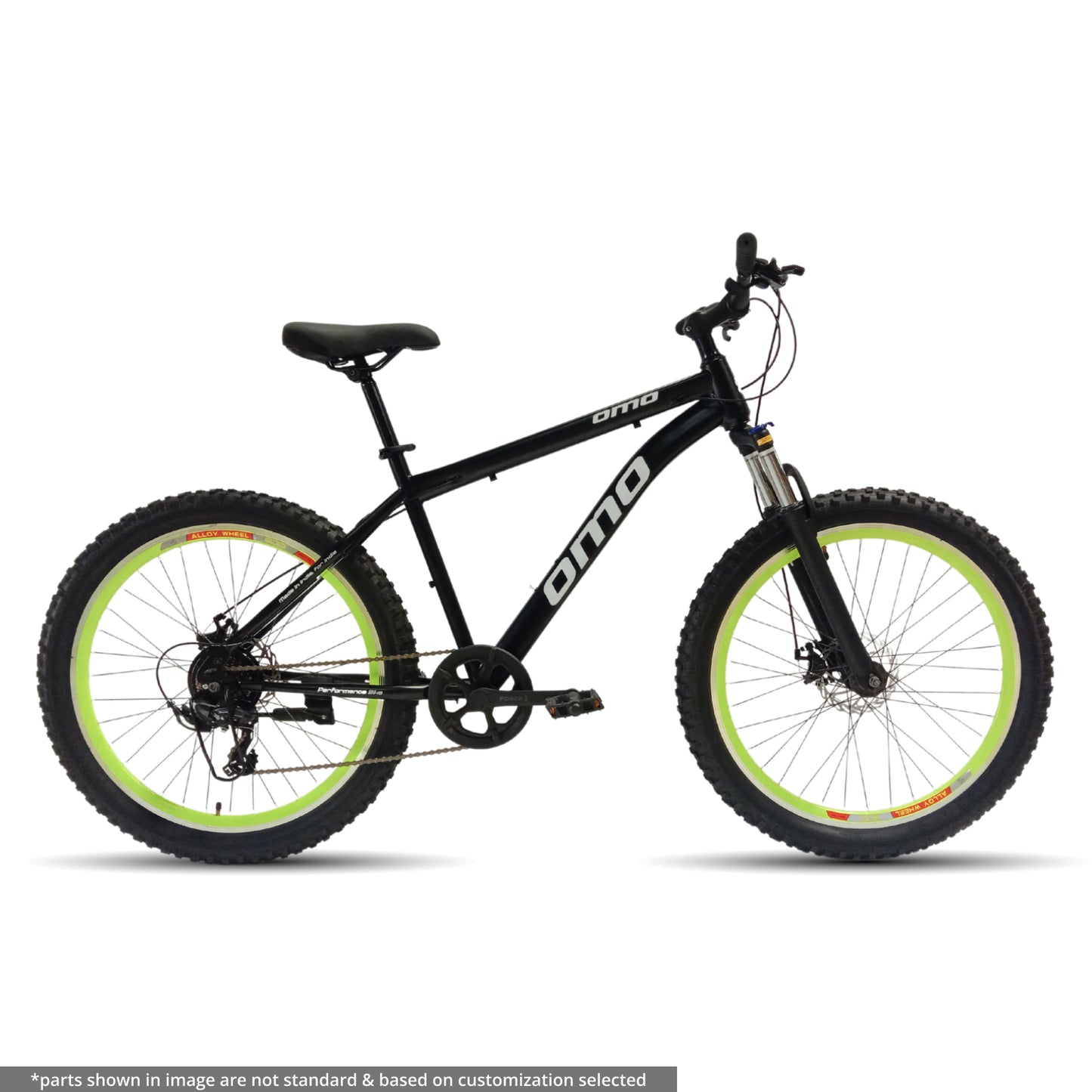 omobikes vagator shimano geared semi fat MTB bike under 14000 with suspension disc brakes black color green rim full view