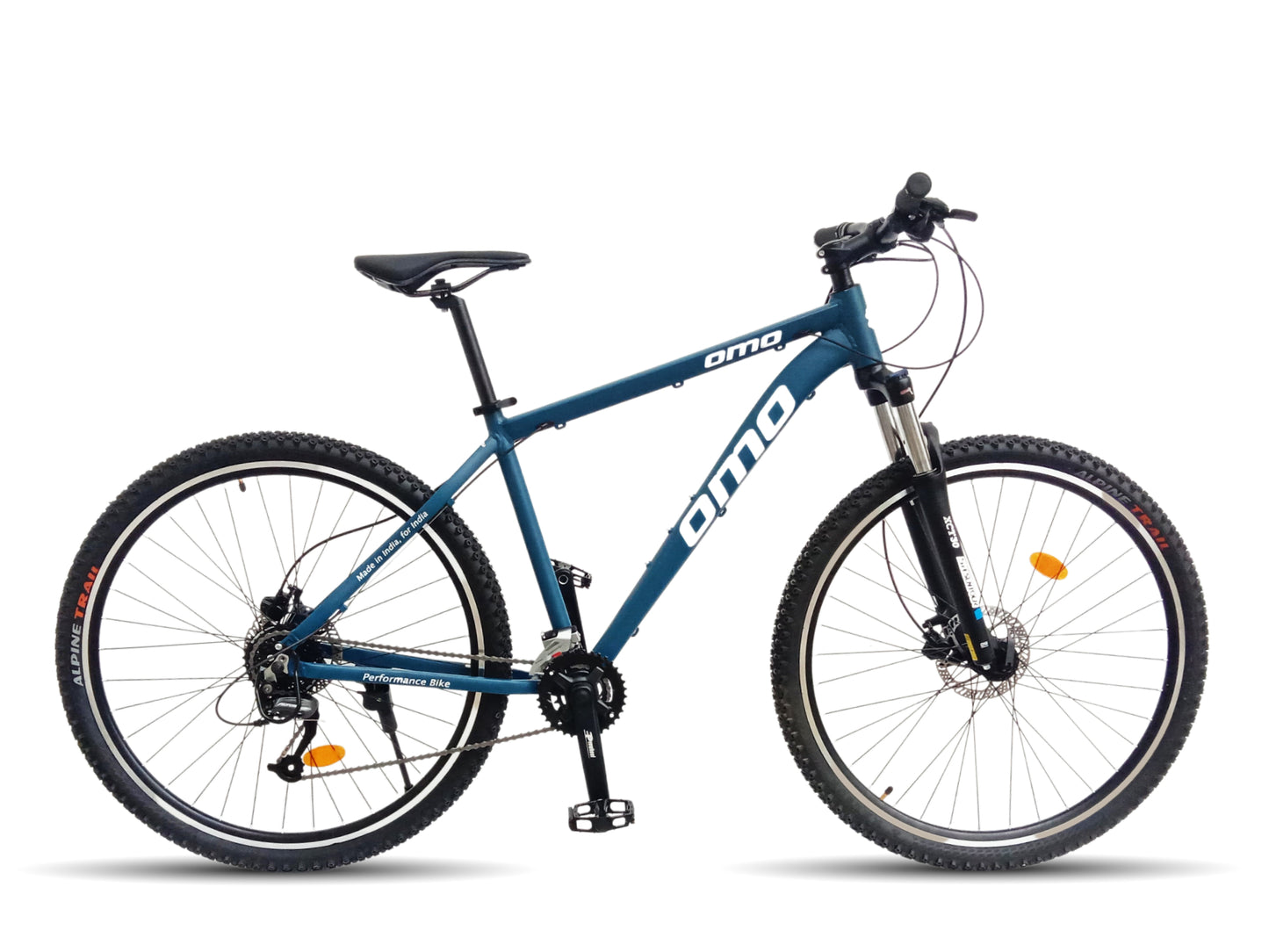 omobikes zojila 3x9 alivio Alloy MTB 29er mountain bike with hydraulic brakes suntour suspension blue color side view