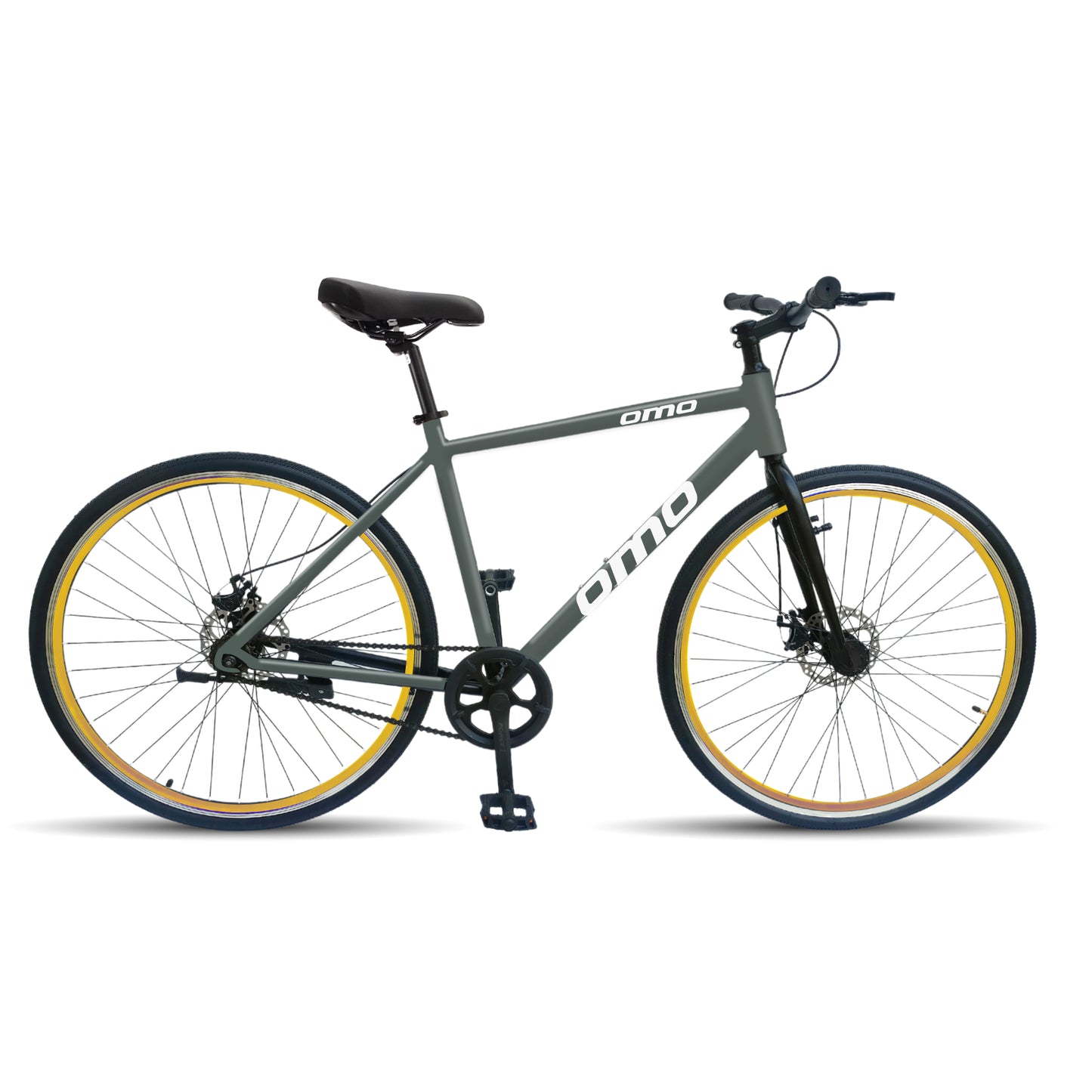Omobikes hampi lite 700 alloy frame hybrid bike single speed without gear full sideview GREY FRAME YELLOW RIM
