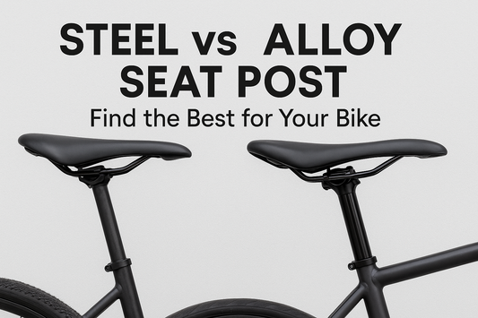 Comparison of steel vs alloy bicycle seat posts side by side on black bikes, showing material differences with text ‘Find the Best for Your Bike’ – OMO Bikes blog cover image