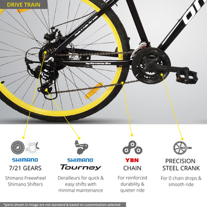omobikes ladakh x geared alloy frame hybrid bike with lockout suspension shimano drivetrain view with yellow wheels
