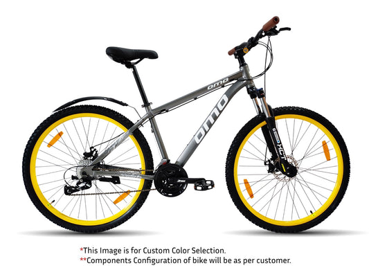 Zozila prime 8 and 24 gear mountain mtb bike under 20000 with lockout suspension and disc brake grey colour yellow wheel by omobikes