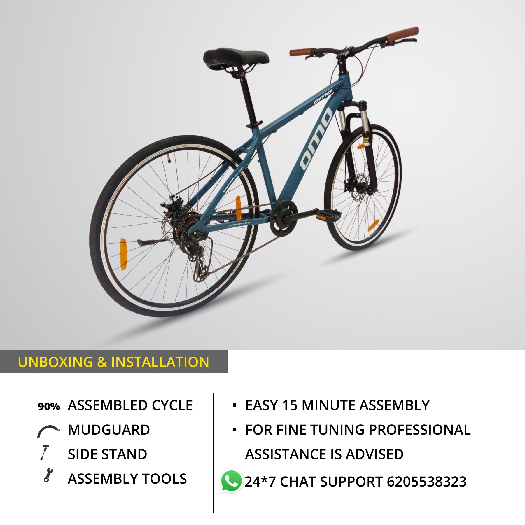 Alloy Hybrid shimano gear hybrid bike with suspension and disc brake by omobikes blue color unboxing installation