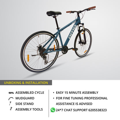 Alloy Hybrid shimano gear hybrid bike with suspension and disc brake by omobikes blue color unboxing installation