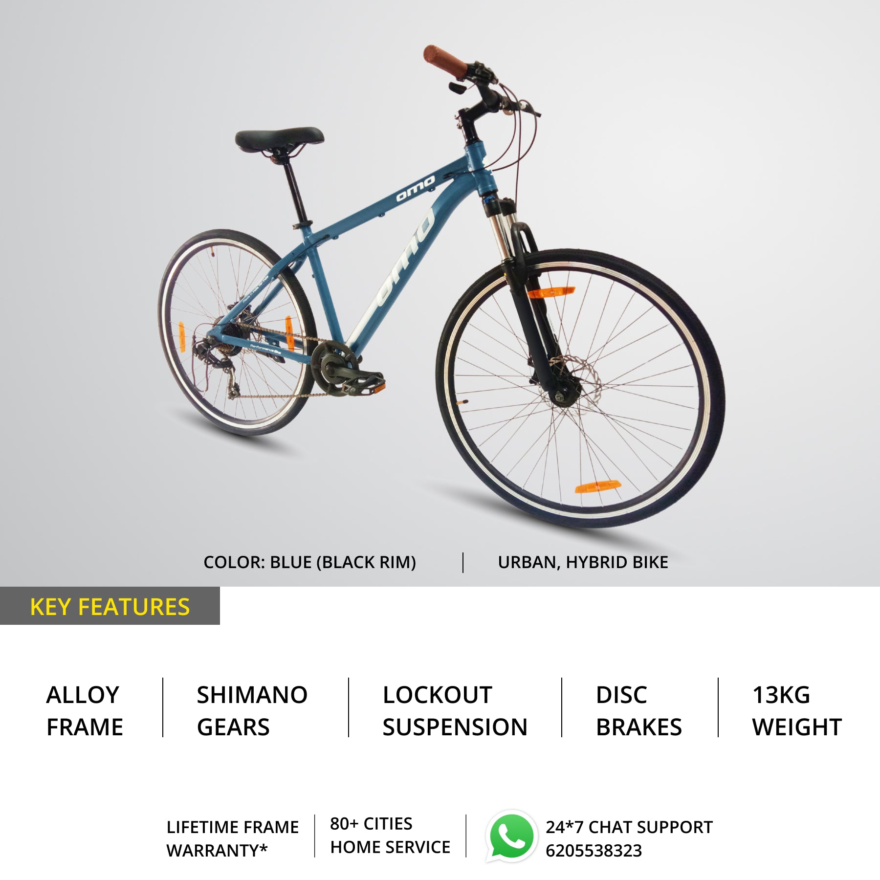 OMO bikes alloy hybrid key features shimano gear lightweight hybrid bike with suspension disc brakes in blue color 