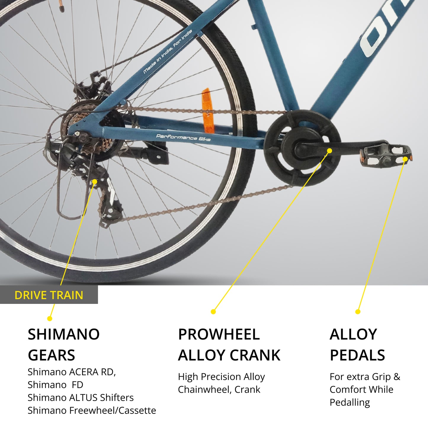 omo bikes alloy hybrid cycle 700c Shimano acera Gears platform pedal prowheel alloy crank set wheel detail