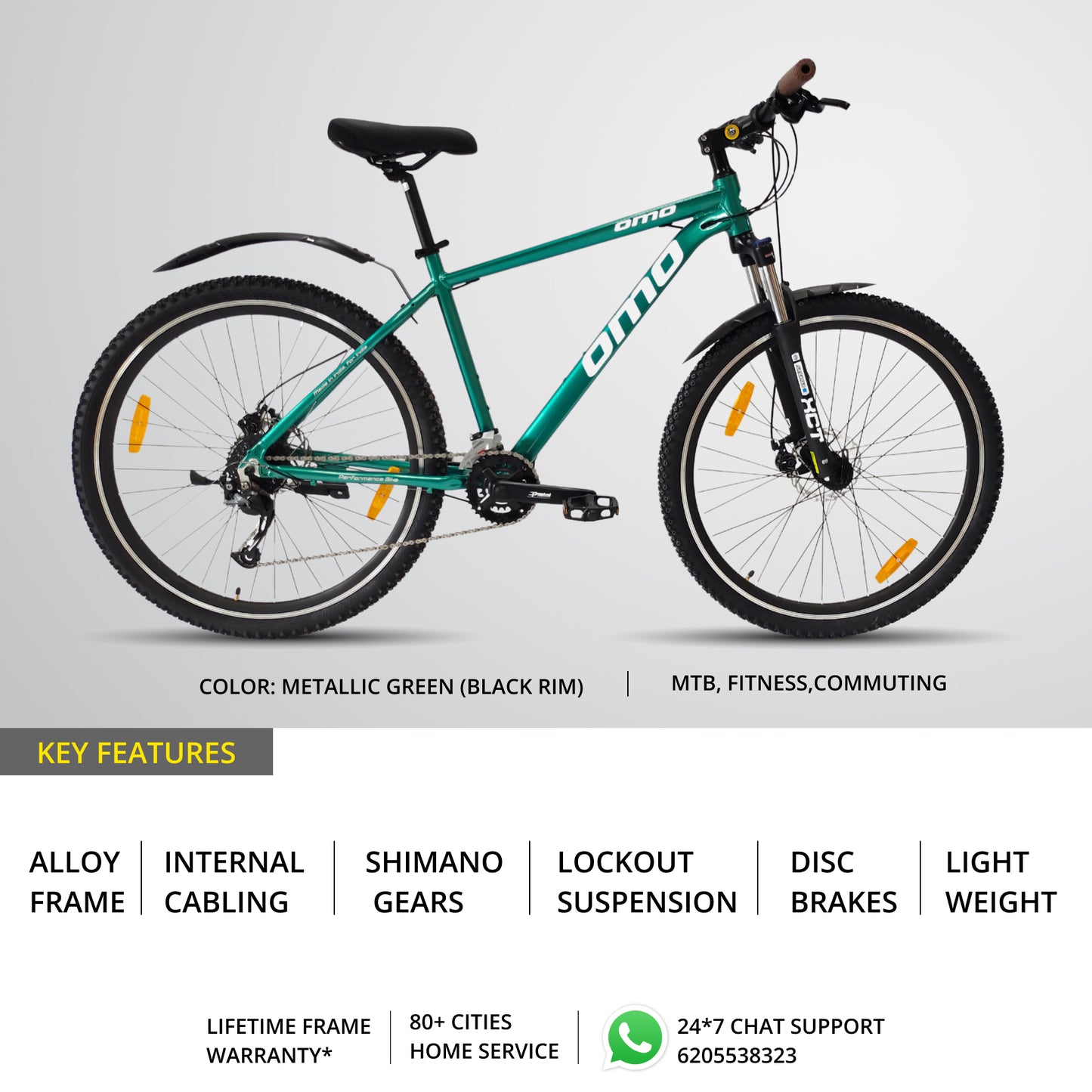 Omobikes Alloy MTB 27.5T 29T Mountain Cycle key features shimano gear lightweight hybrid bike with suspension disc brakes in metallic green custom color
