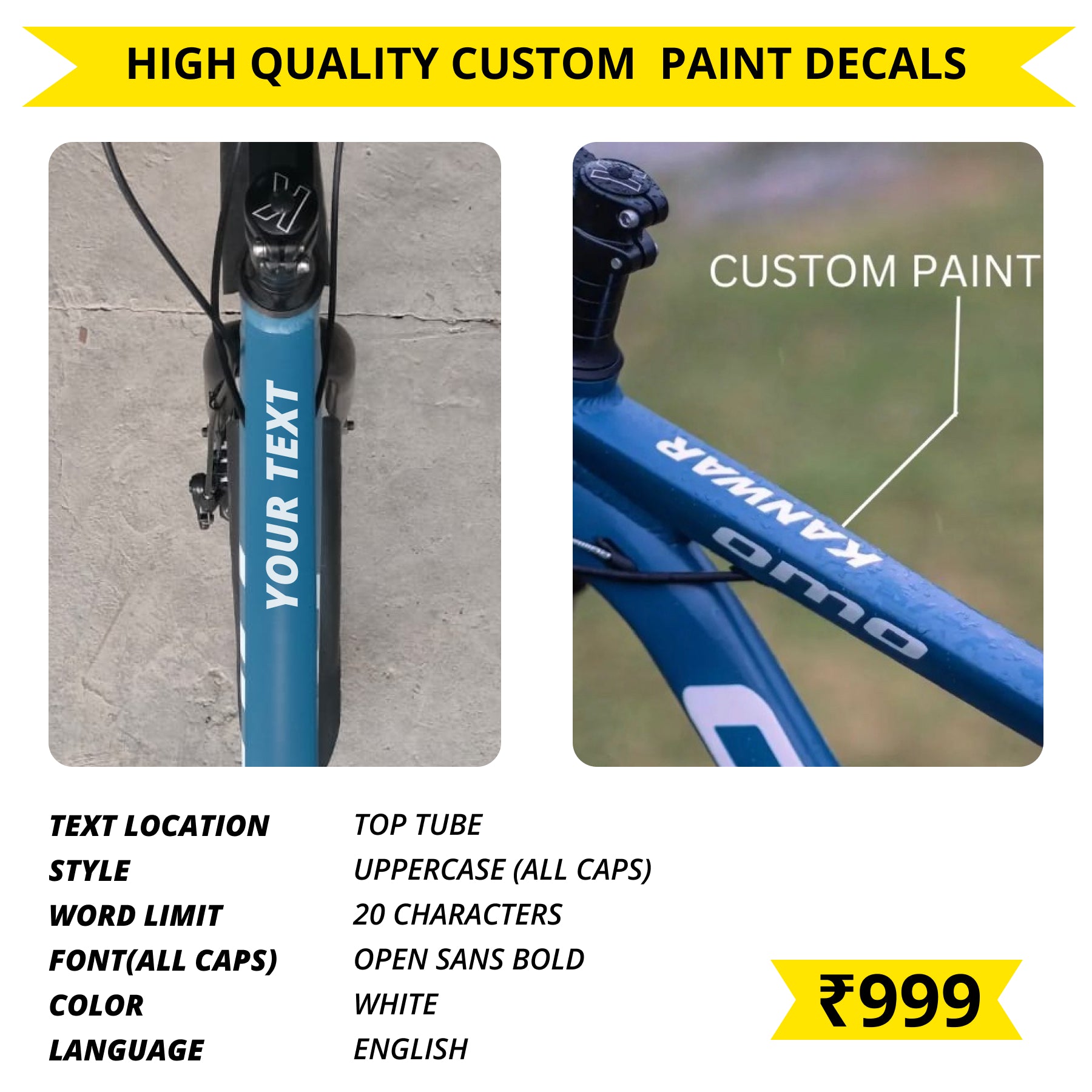 Get custom name message text printed in white paint of choice on your omo bike manali single speed MTB mountain bicycle in Rs 999