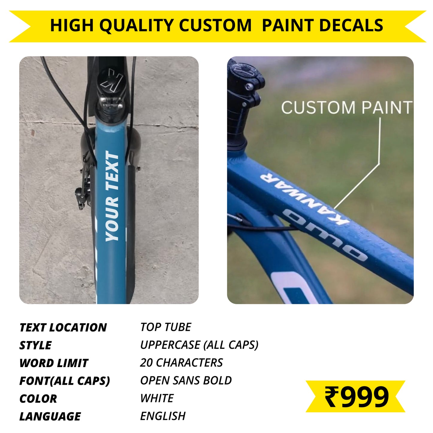 Get custom name message text printed in white paint of choice on your omo bike vagator semi FAT geared MTB mountain bicycle in Rs 999