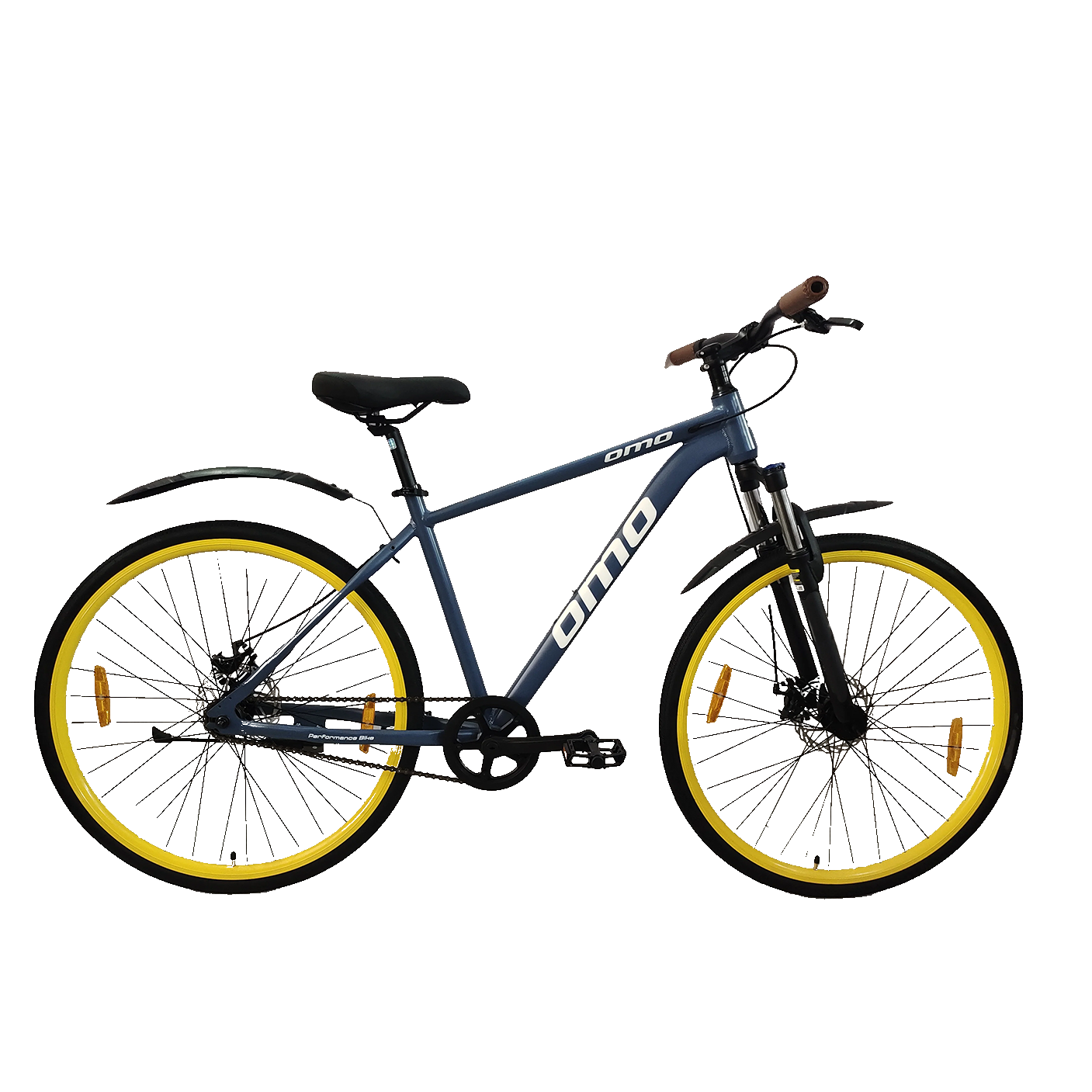 Coorg lite hybrid cycle 700c  29T wheel alloy frame single speed with lockout suspension and disc brake blue colour with yellow wheel by omobikes