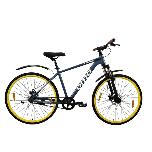 Coorg lite hybrid cycle 700c  29T wheel alloy frame single speed with lockout suspension and disc brake blue colour with yellow wheel by omobikes