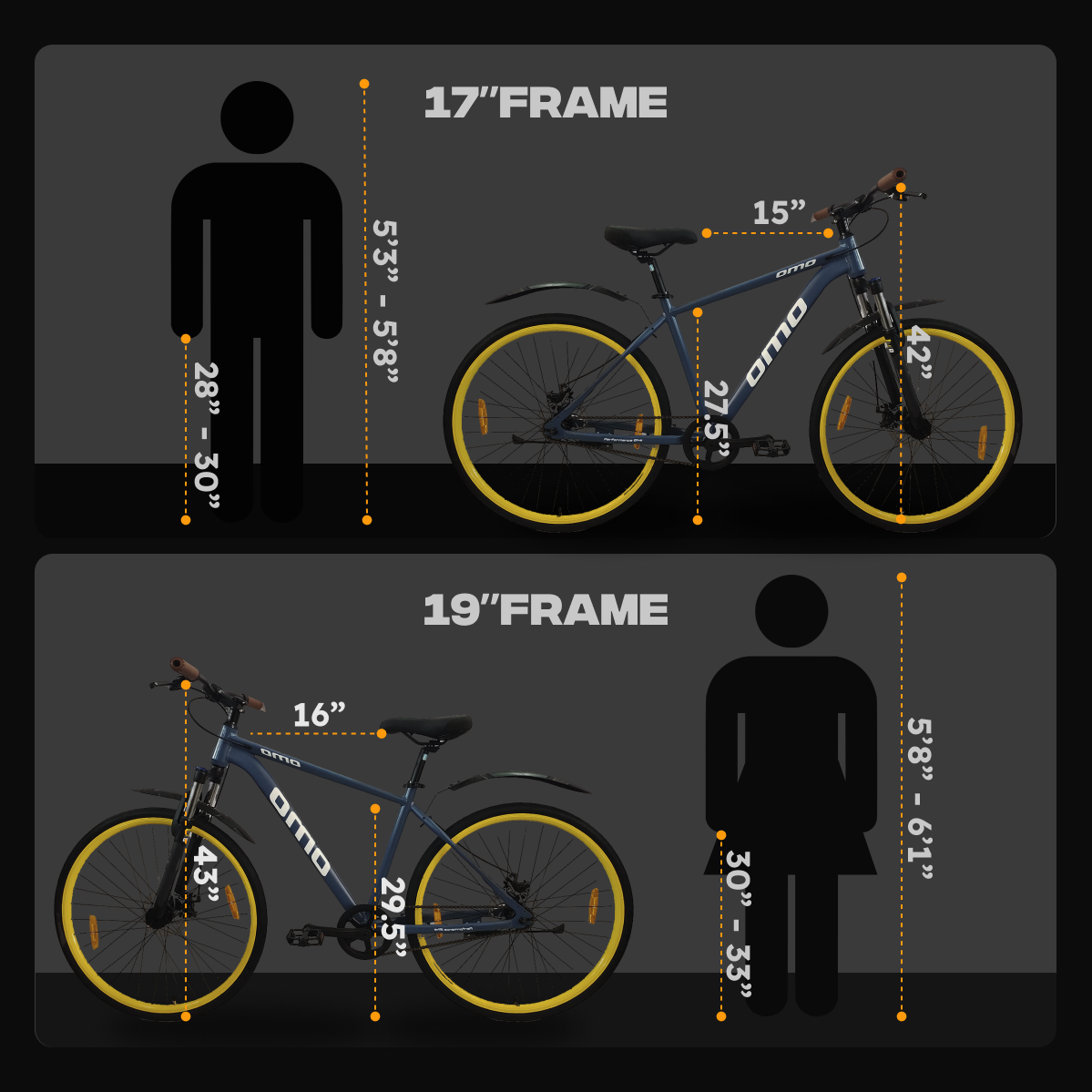 Coorg lite single speed alloy frame hybrid bike size chart 17 and 19 inch frame by omobikes