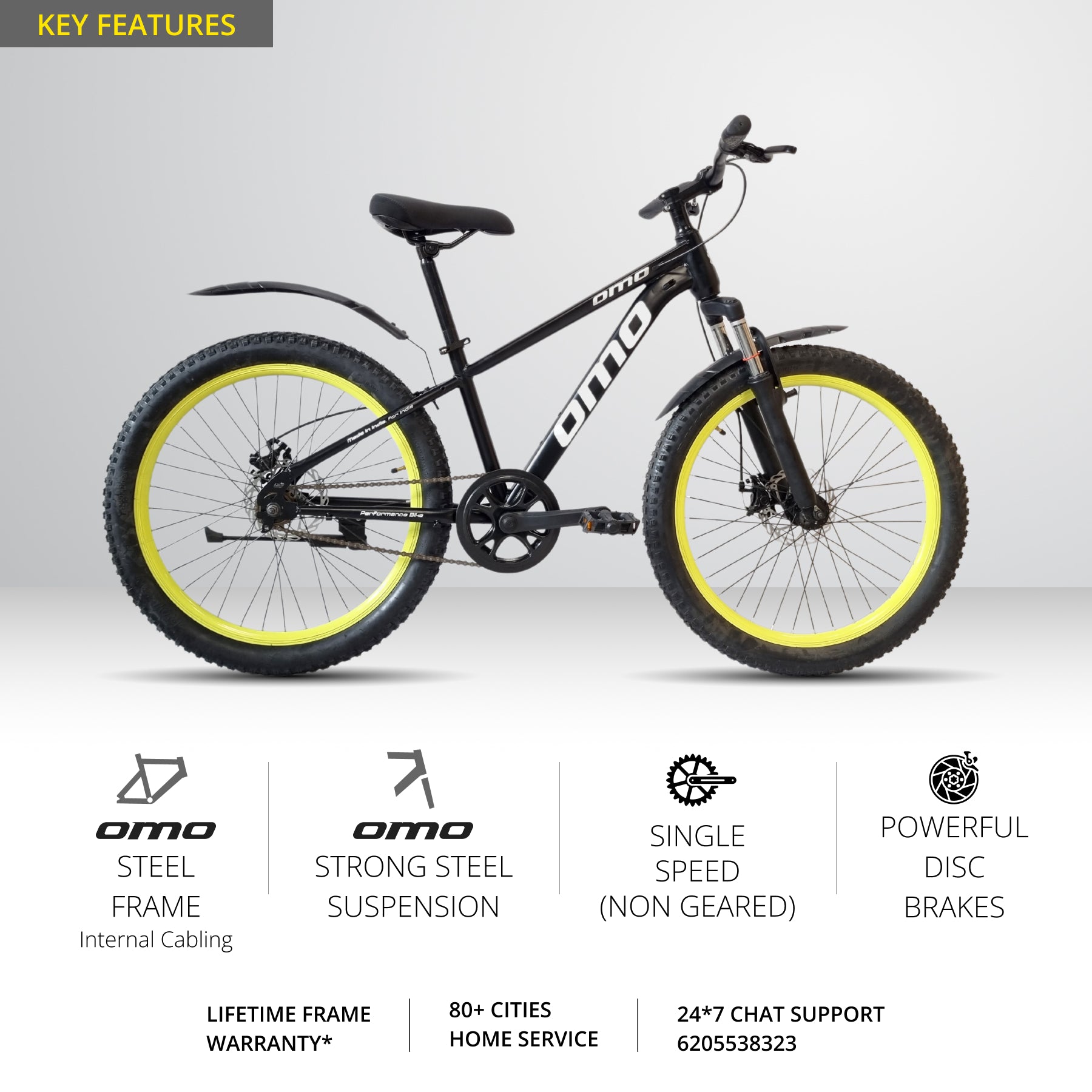 omobikes jarvis 24T single speed MTB black green color specification