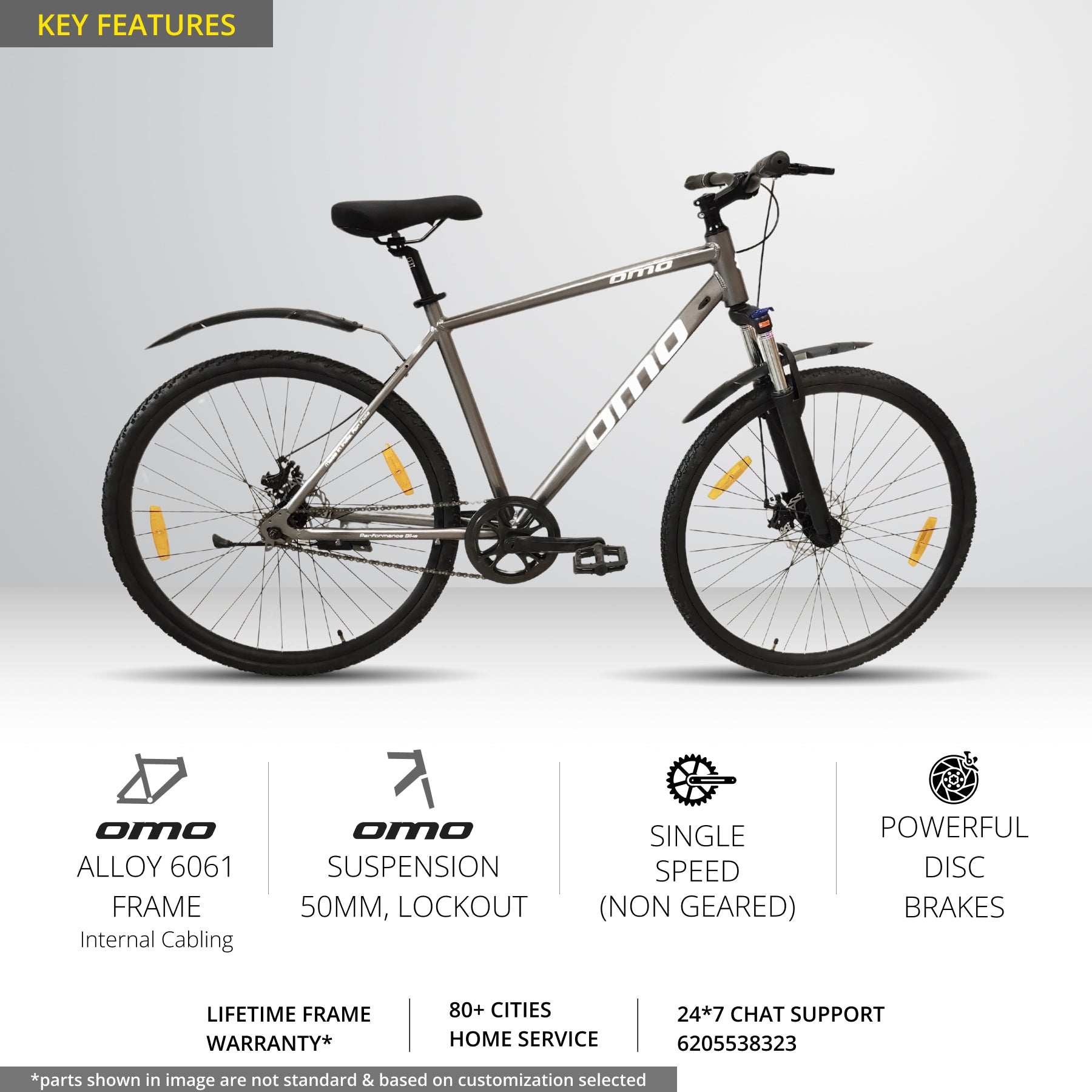 OMO bikes Ladakh 1s key features Alloy frame single speed without gear lightweight hybrid bike with suspension disc brakes black color