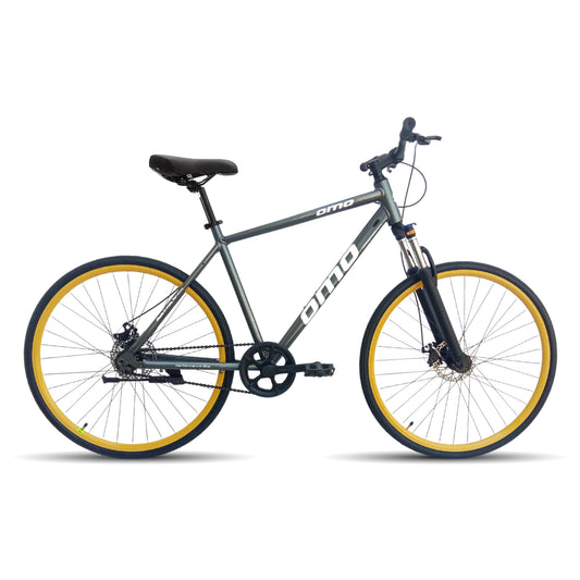 omobikes ladakh x1 single speed alloy frame hybrid bike with disc brake lockout suspension grey yellow color full side view