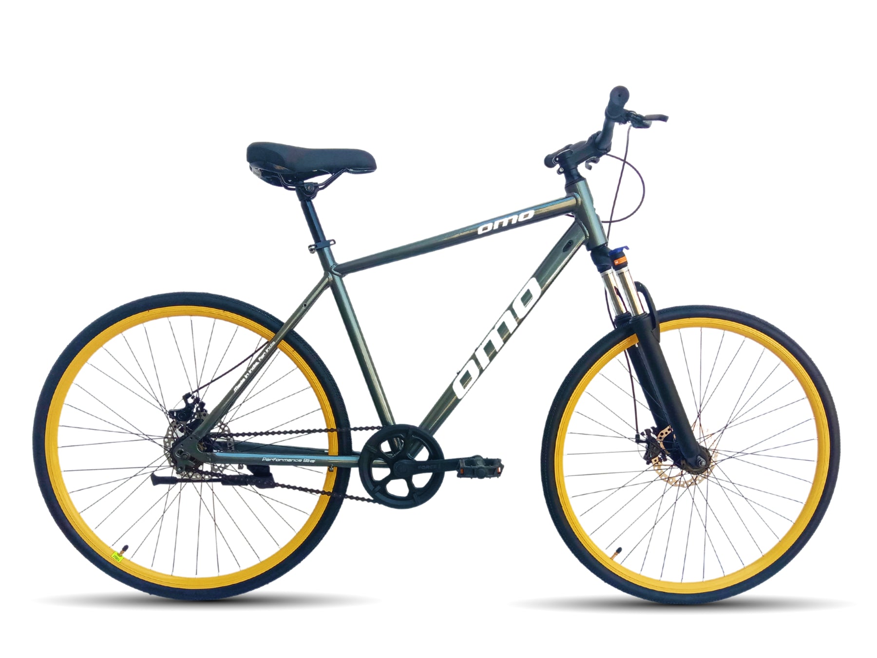 omobikes ladakh x1 single speed alloy frame hybrid bike with disc brake lockout suspension grey yellow color full side view