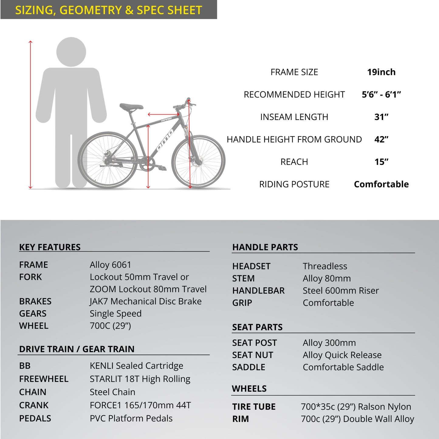 omobikes ladakh 1s alloy frame hybrid bike single speed size chart specification data