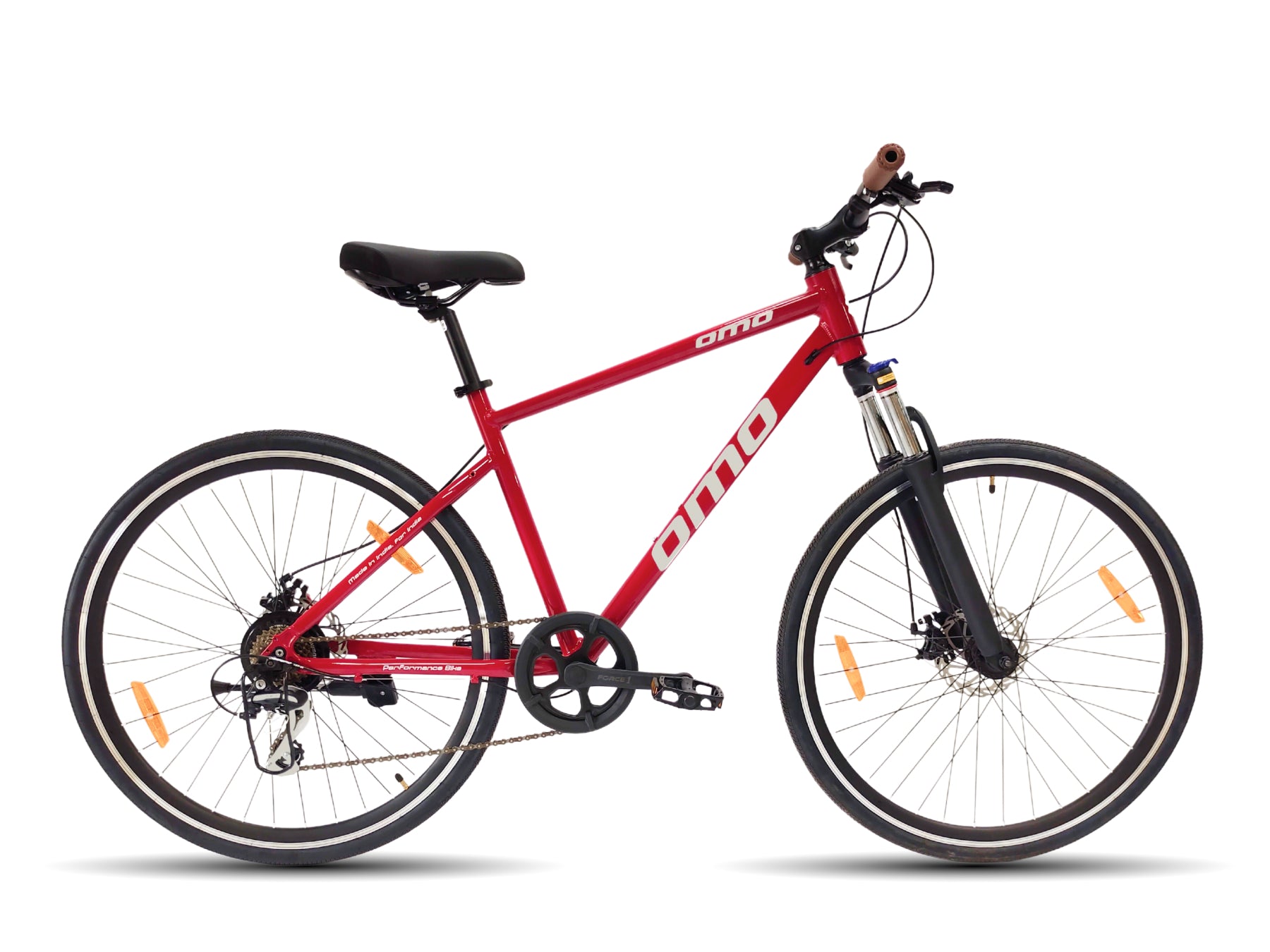 ladakh x geared hybrid bike alloy frame 700c with shimano gears and lockout preload suspension red color 