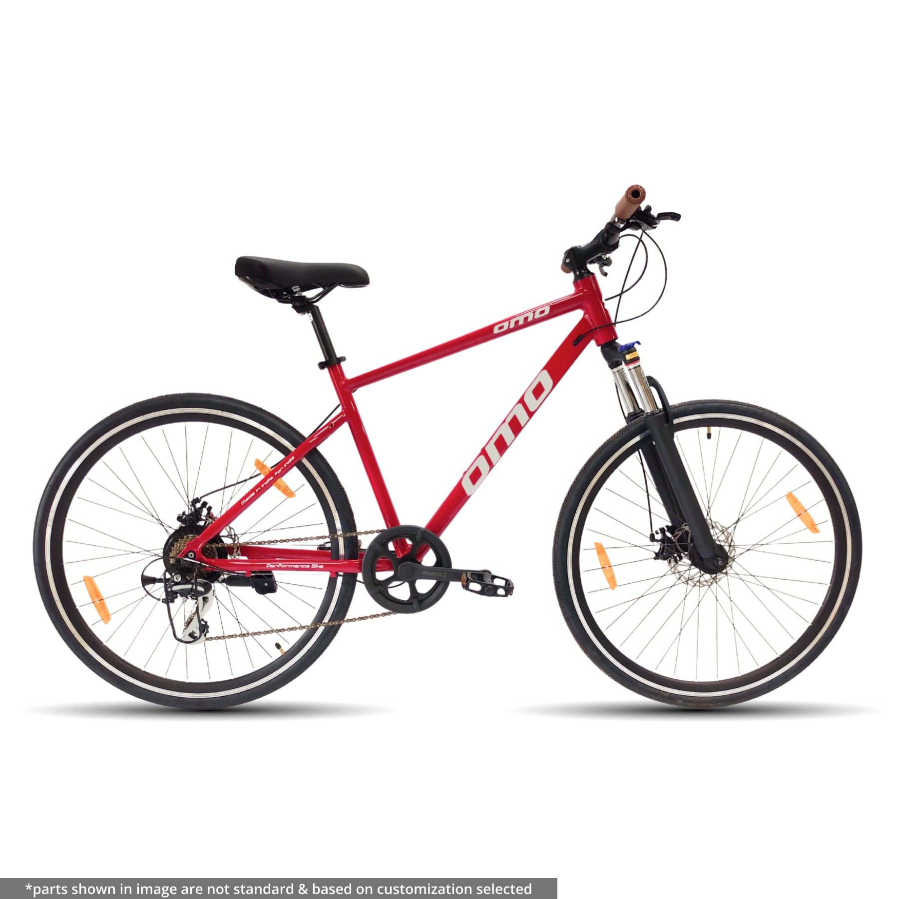 ladakh x geared hybrid bike alloy frame 700c with shimano gears and lockout preload suspension red color