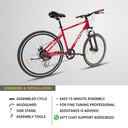 omobikes ladakh X geared hybrid bike alloy frame with shimano gear unboxing 90% assembled red color cycle  installation