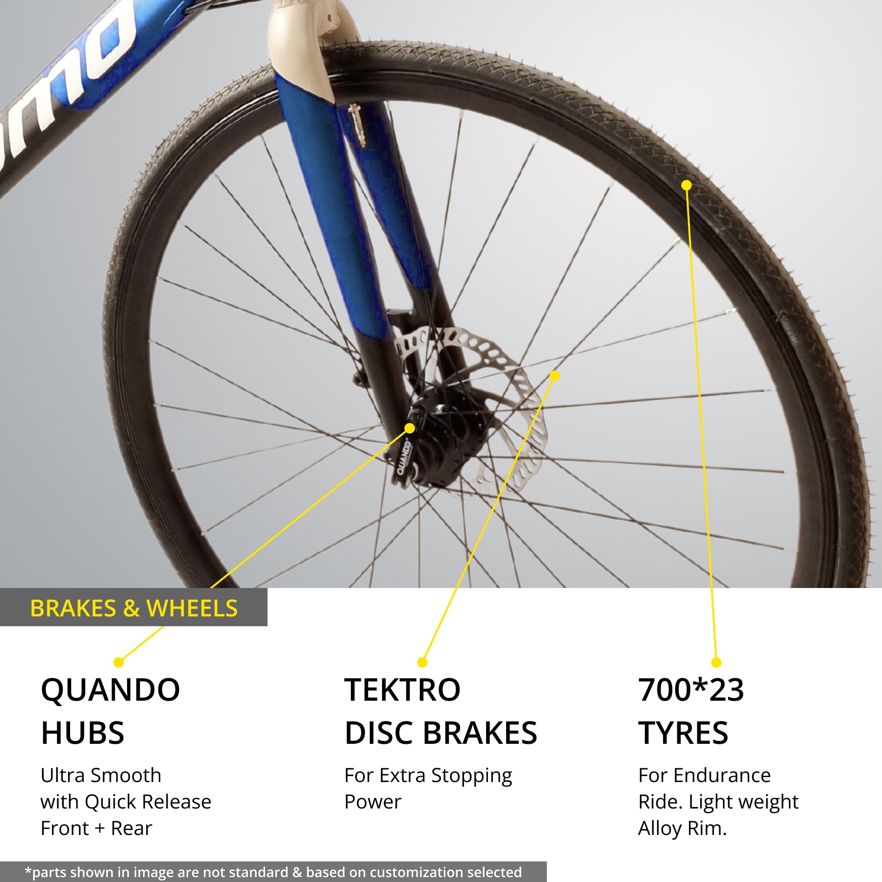 omobikes Munnar 2x9 sora shimano drive train road bike wheel area with 28H alloy rim tektro disc brake and quando hubs with quick release QR