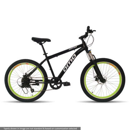 OMO bikes steel MTB bike manali shimano gear mountain bike with suspension disc brakes in black color neon green rim