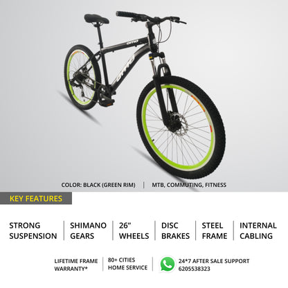 OMO bikes steel MTB bike manali key features shimano gear mountain bike with suspension disc brakes in black color green rim