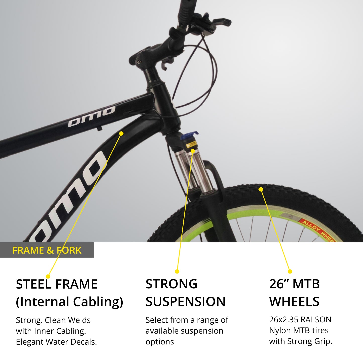 omobikes steel MTB bike manali with strong steel frame inner cabling lockout suspension and shimano gear altus shifter