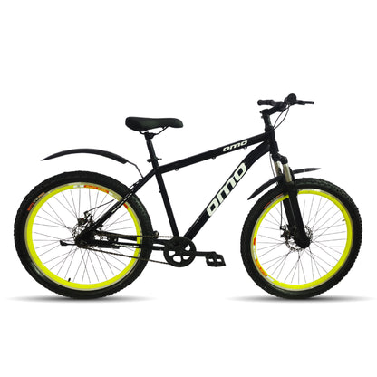 OMO bikes manali steel MTB bike single speed mountain bike with suspension disc brakes in black color neon green rim