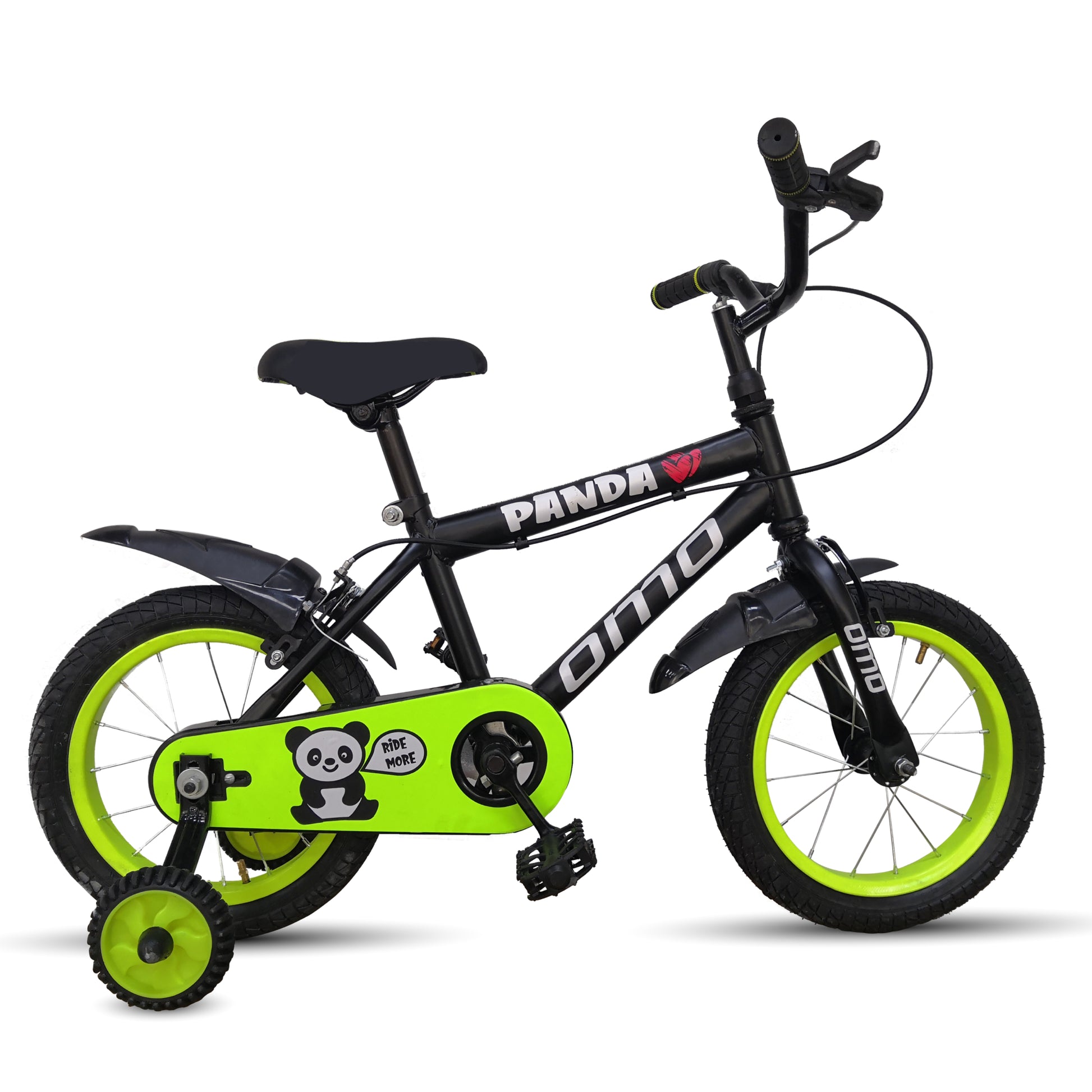 omobikes panda 14T kids cycle 3 to 5 year black color green rim