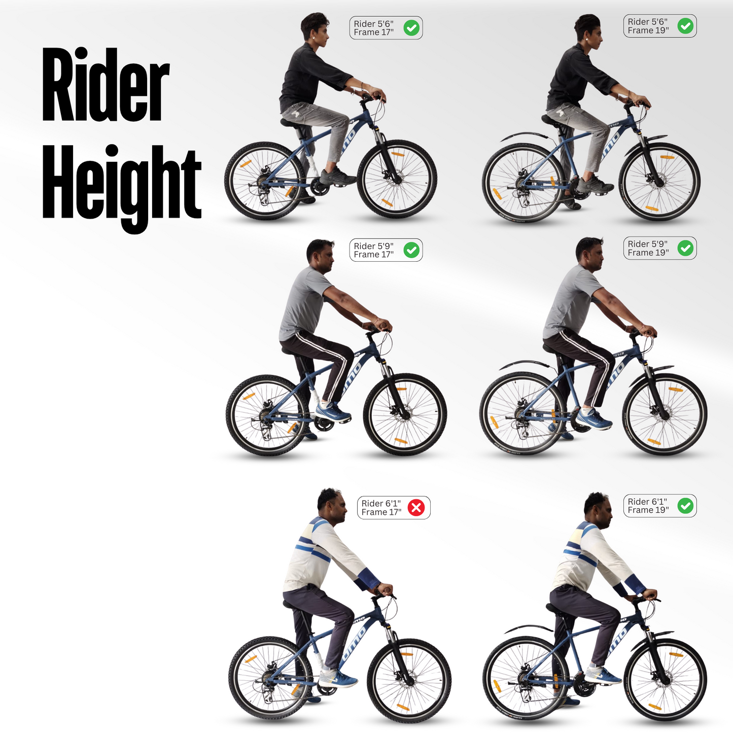 Alloy Hybrid rider height size chart with customer photos by omobikes