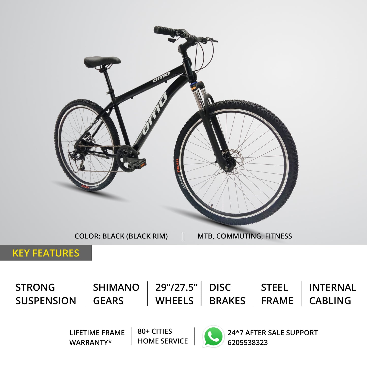 OMO bikes steel MTB bike shillong key features shimano gear mountain bike with suspension disc brakes in black color