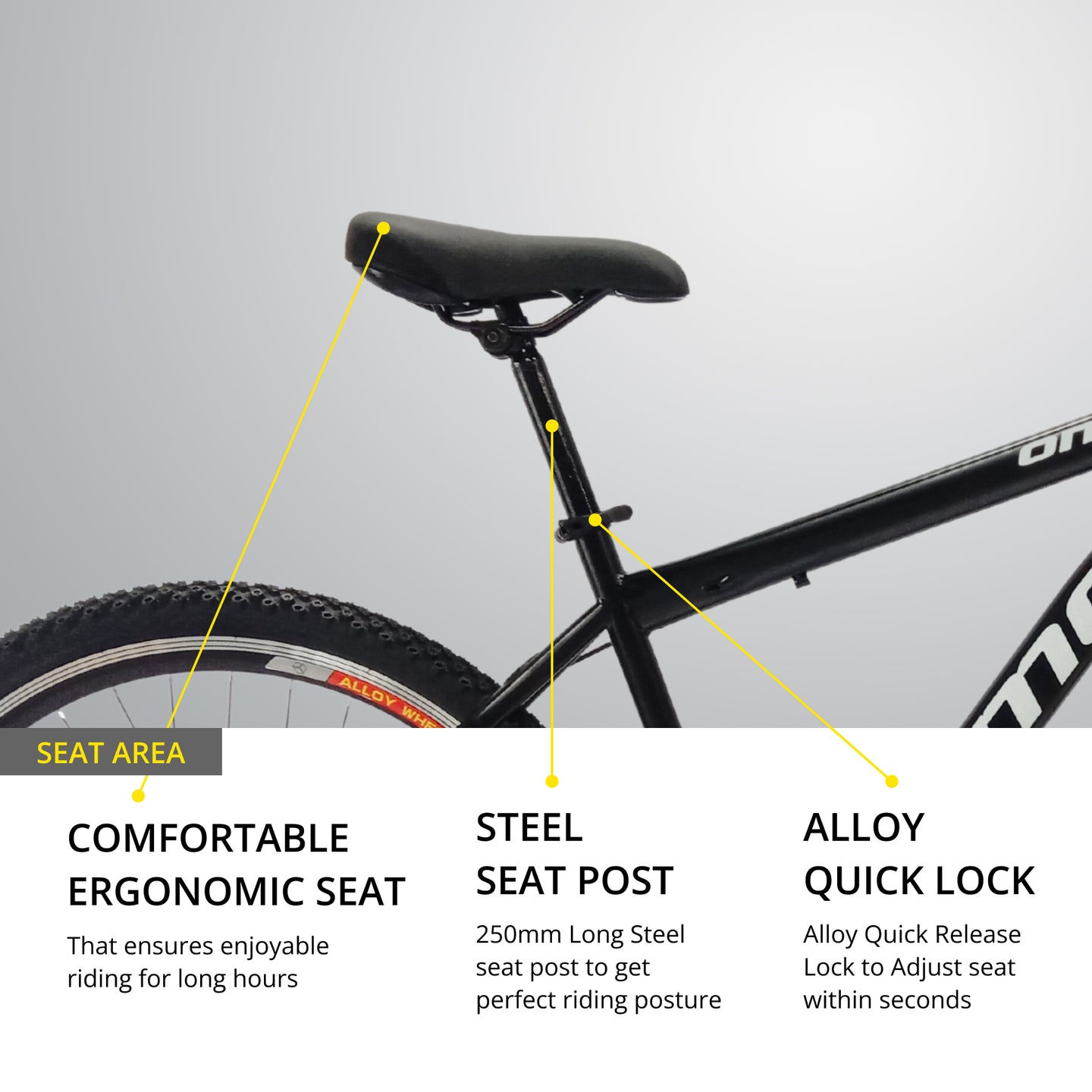 OMO bikes shillong steel MTB bike single speed mountain bike seat view with alloy seat post adjustable and quick release lock comfortable ergonomic seat