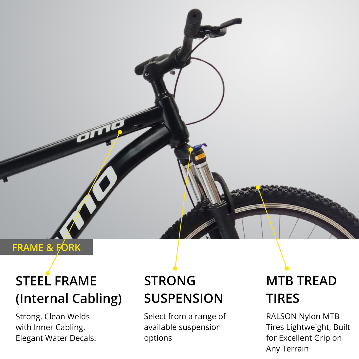 OMO bikes shillong steel MTB bike single speed with strong steel frame inner cabling lockout suspension 