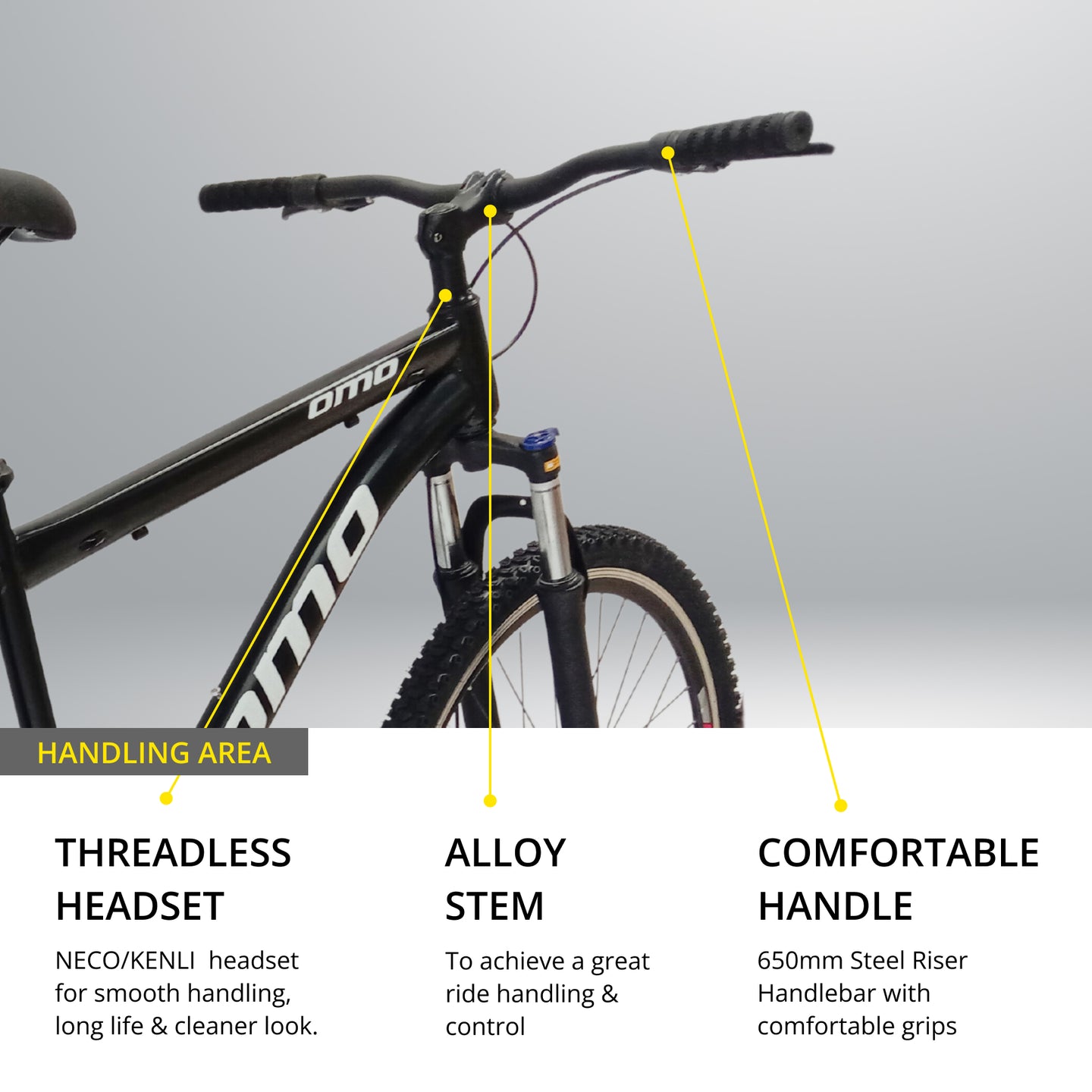 OMO bikes shillong steel MTB bike single speed mountain bike handle view with alloy stem steel comfortable handle