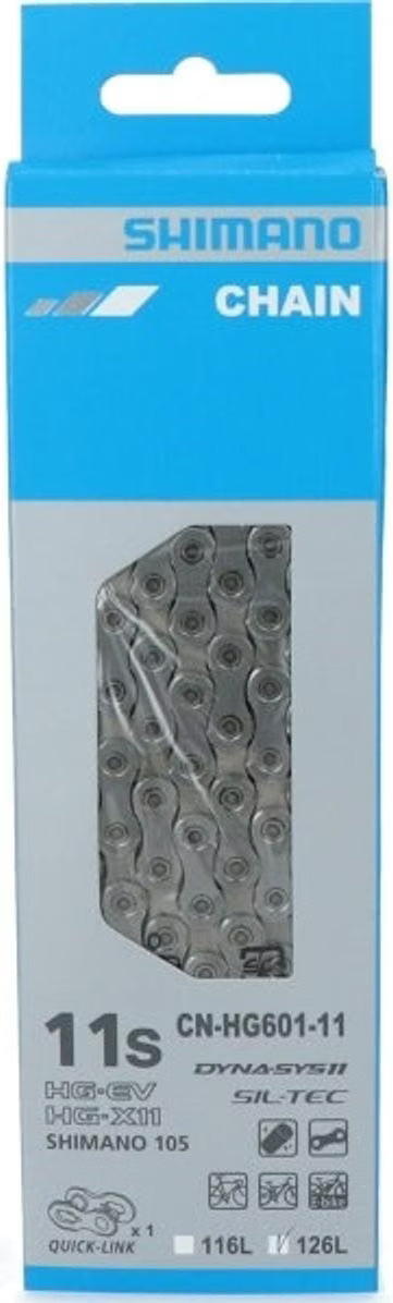Shimano CN-HG601 chain packaging with chain details on a blue background