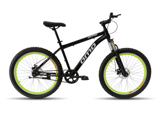 OMO bikes vagator semi FAT steel MTB bike single speed mountain bike with suspension disc brakes in black color neon green rim