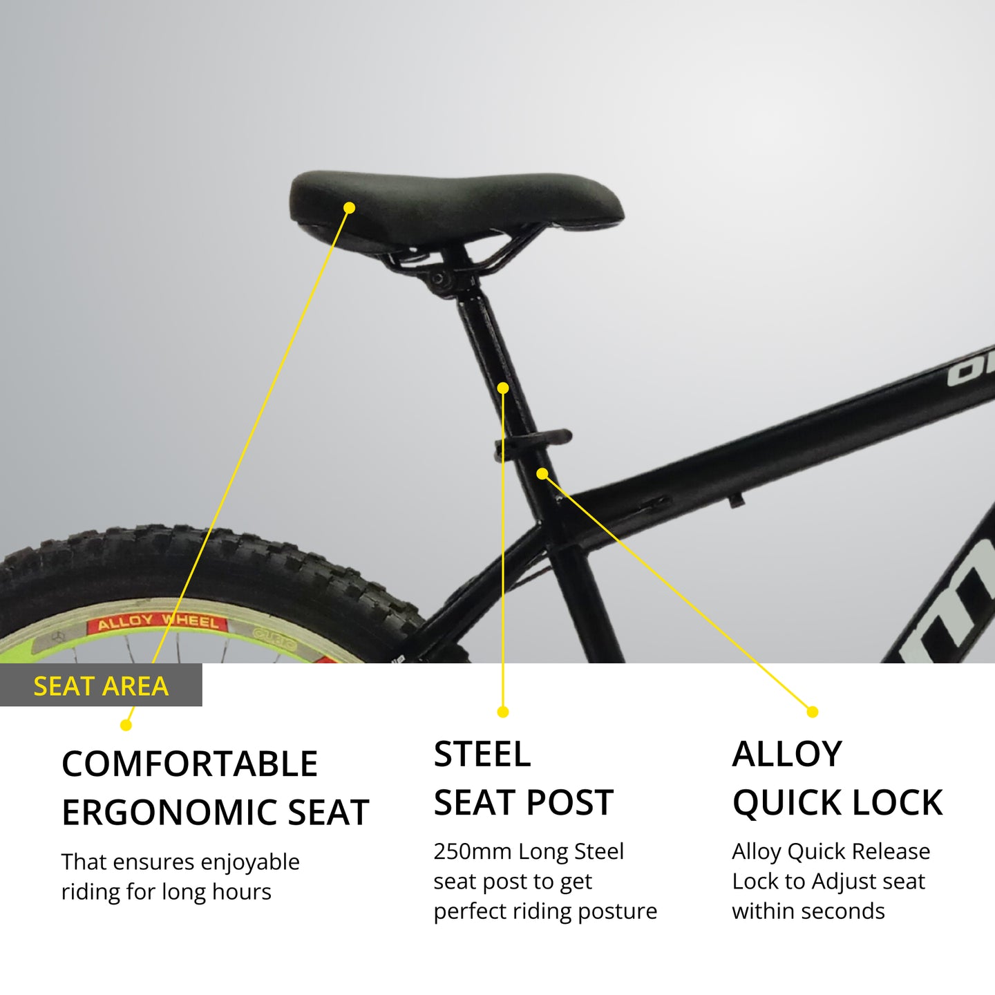 omobikes vagator geared semi fat MTB bike alloy seat post with quick release saddle view