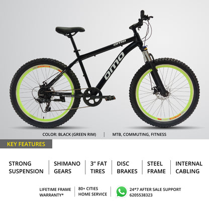 omobikes vagator geared semi fat MTB bike under 14000 with suspension disc brakes black color key feature