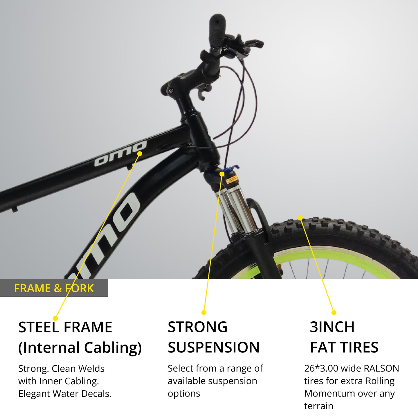omobikes vagator geared semi fat MTB bike steel frame inner cabling lockout suspension and shimano gear and 26x3 RALSON FAT MTB TIRE